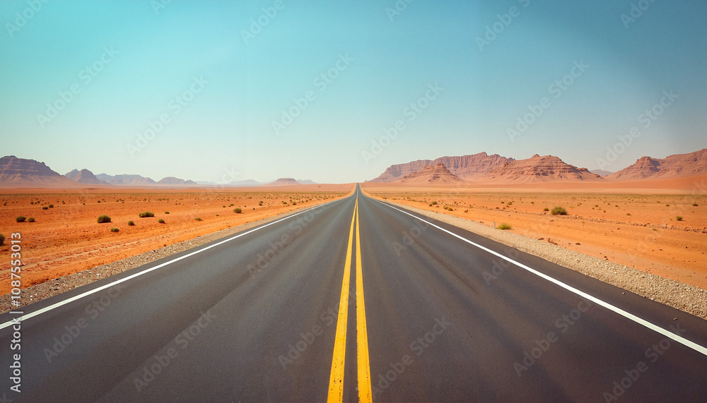 Desert highway stretching into the horizon under clear blue sky, expansive and serene landscape Desert highway stretching into the horizon under clear blue sky, expansive and serene landscape