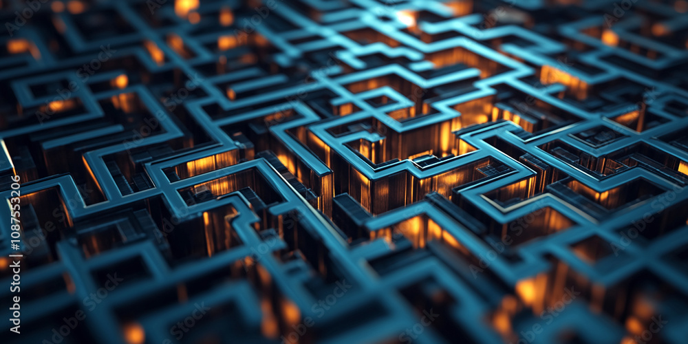 A detailed 3D maze rendered digitally, featuring dark blue walls and warm orange highlights within the passages A detailed 3D maze rendered digitally, featuring dark blue walls and warm orange highlights within the passages