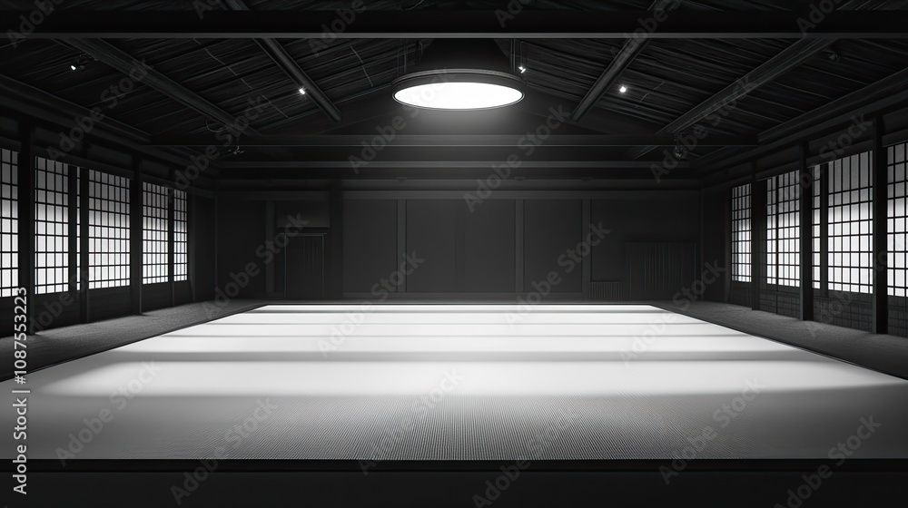 Obraz premium Wan Dab field set up for martial arts practice, the arena empty and quiet, with crisp lines on smooth mats under soft lighting.