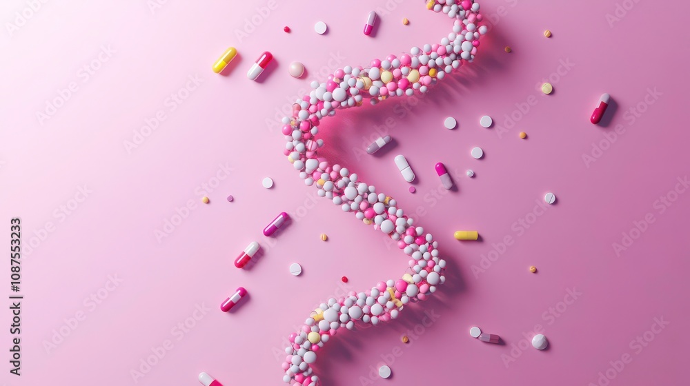 A stream of colorful pills and capsules arranged in a wavy shape on a pink background. A stream of colorful pills and capsules arranged in a wavy shape on a pink background.