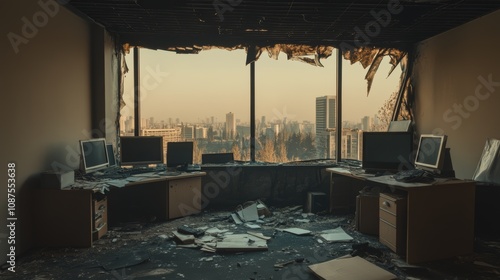 A burnt-out office with a cityscape view through a broken window.