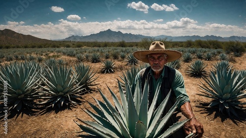 Hispanic man in a rural setting with agave fields for artisanal mezcal production.