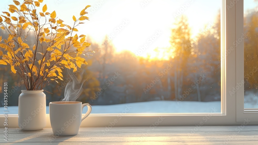 A cozy scene with a steaming cup beside a vase of autumn leaves, framed by a bright sunrise illuminating a serene winter landscape. A cozy scene with a steaming cup beside a vase of autumn leaves, framed by a bright sunrise illuminating a serene winter landscape.