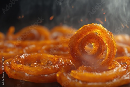 Close-up of Jalebi Indian sweet treat,  with a shallow depth of field and steam rising from the hot and sugary treat. photo