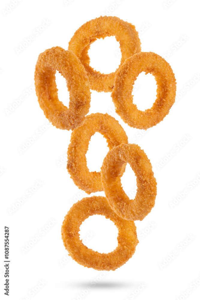 Falling fried onion rings on white background Falling fried onion rings on white background