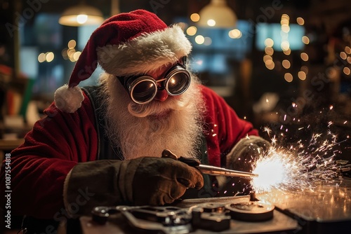 Santa Claus using tools in a workshop filled with holiday decorations