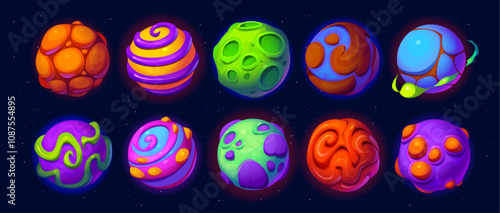 Cartoon fantasy alien space planets, galaxy game asset. Vector set of fantastic, sci fi gui objects. Cosmic world spheres, celestial bodies with rings, craters and bright terrain surface