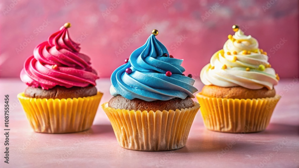 A trio of colorful cupcakes, with pink, blue, and white frosting, adorned with sprinkles, sitting on a pink background. A trio of colorful cupcakes, with pink, blue, and white frosting, adorned with sprinkles, sitting on a pink background.