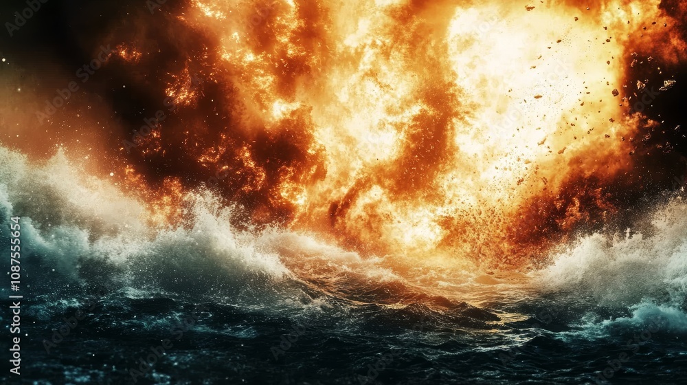 Fototapeta premium A fiery explosion erupts over a turbulent ocean, creating a dramatic and powerful scene.