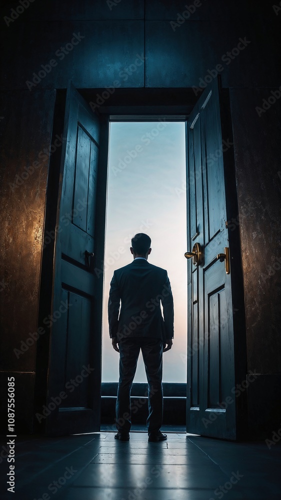 Obraz premium Male figure in formal suit in front of a symbolic entrance. Concept of vision and possibilities.