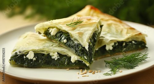 Triângulo de Spanakopita de espinafre grego e queijo feta com gergelim e endro photo