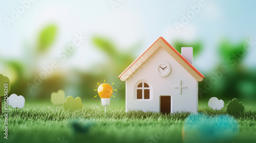 Wallpaper Mural charming house model with light bulb, symbolizing energy efficiency Torontodigital.ca