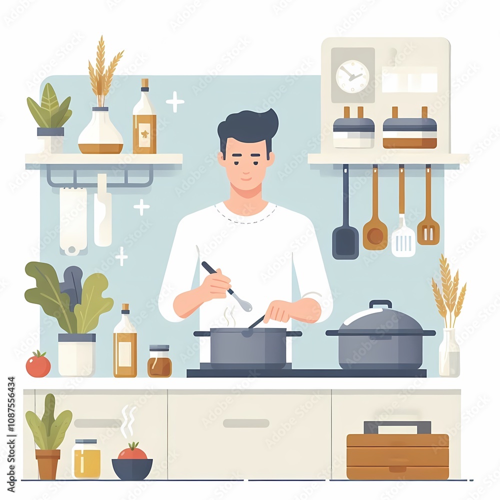 Man Cooking in Kitchen – Flat Illustration on White Background Man Cooking in Kitchen – Flat Illustration on White Background