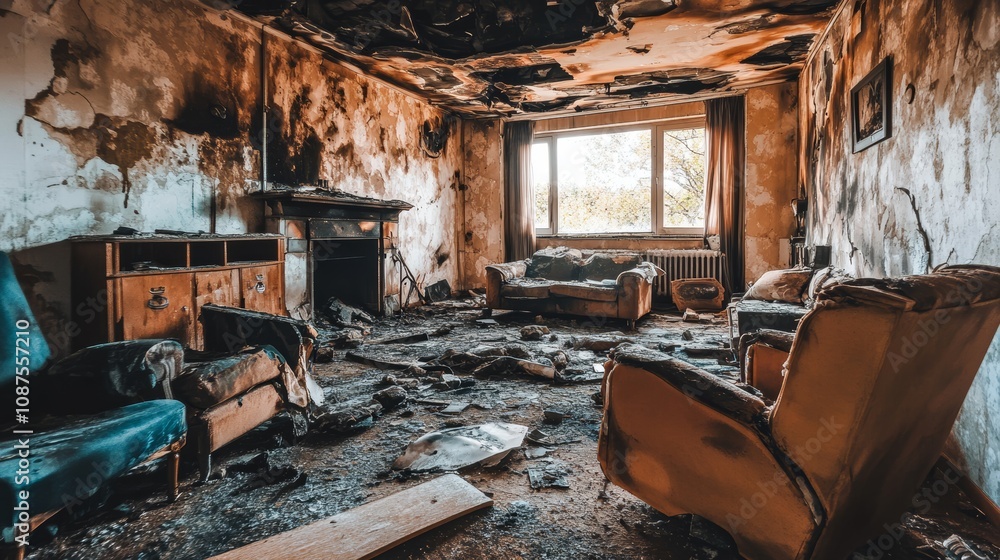 Fototapeta premium A living room ravaged by fire, showing charred furniture, debris, and soot-covered walls, with a window in the background letting in natural light.
