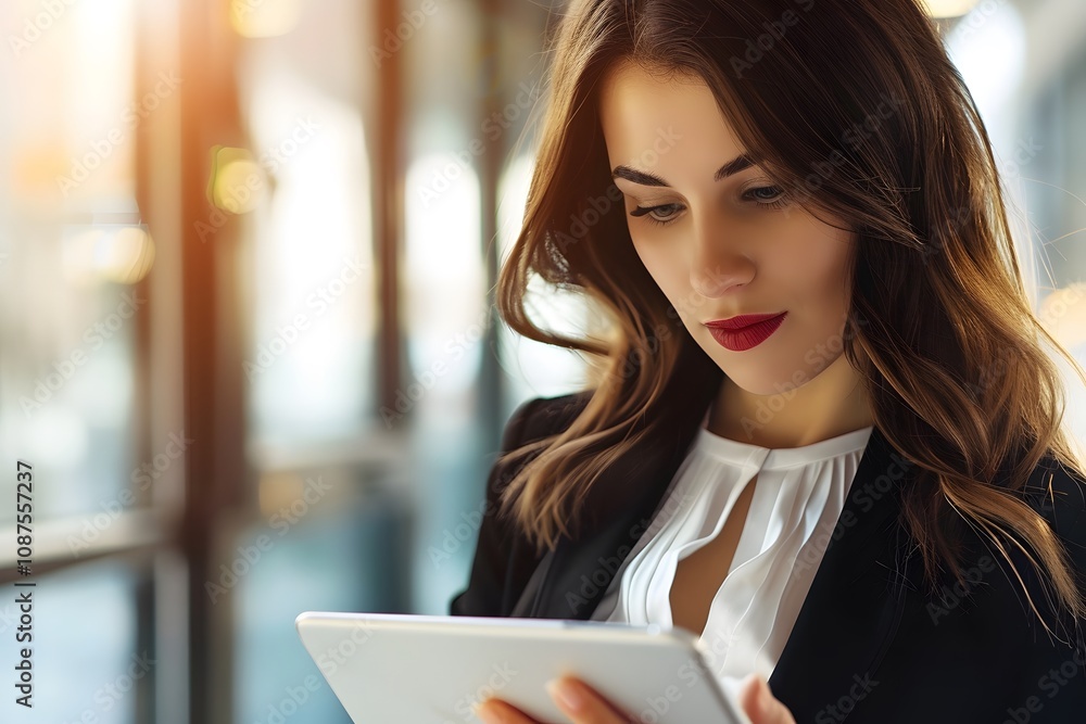 Young Woman Using Tablet in Modern Business Setting Young Woman Using Tablet in Modern Business Setting