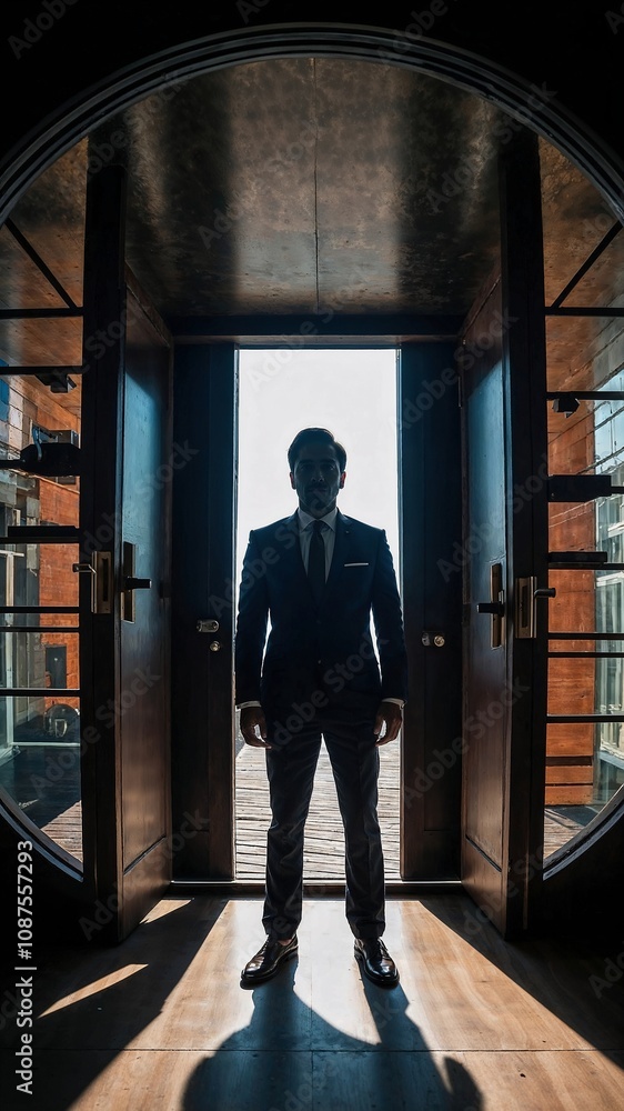 Adult male silhouette standing in front of light doorway in the shape of a lock. Concept of opportunity. Adult male silhouette standing in front of light doorway in the shape of a lock. Concept of opportunity.