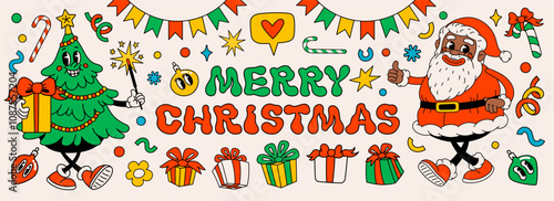 Groovy merry christmas stickers with Santa Claus, Christmas tree, gift, and other design elements in retro vintage cartoon style.