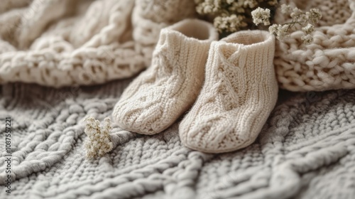 Baby booties on a knitted blanket soft accessories for newborns warm and stylish design