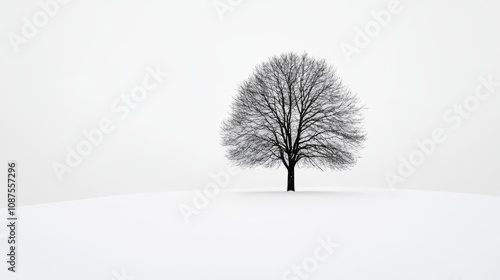 A lone bare tree stands tall against a white snowy background, creating a minimalist and serene landscape.