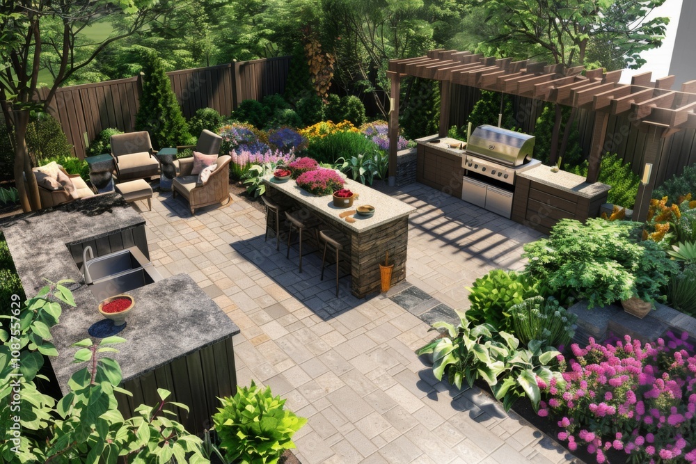 Backyard landscape design with outdoor living feature Backyard landscape design with outdoor living feature