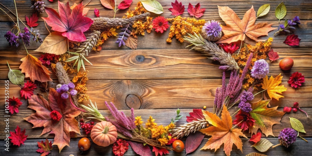 Naklejka premium A Rustic Autumnal Wreath of Leaves, Flowers, and Pumpkins on a Wooden Background