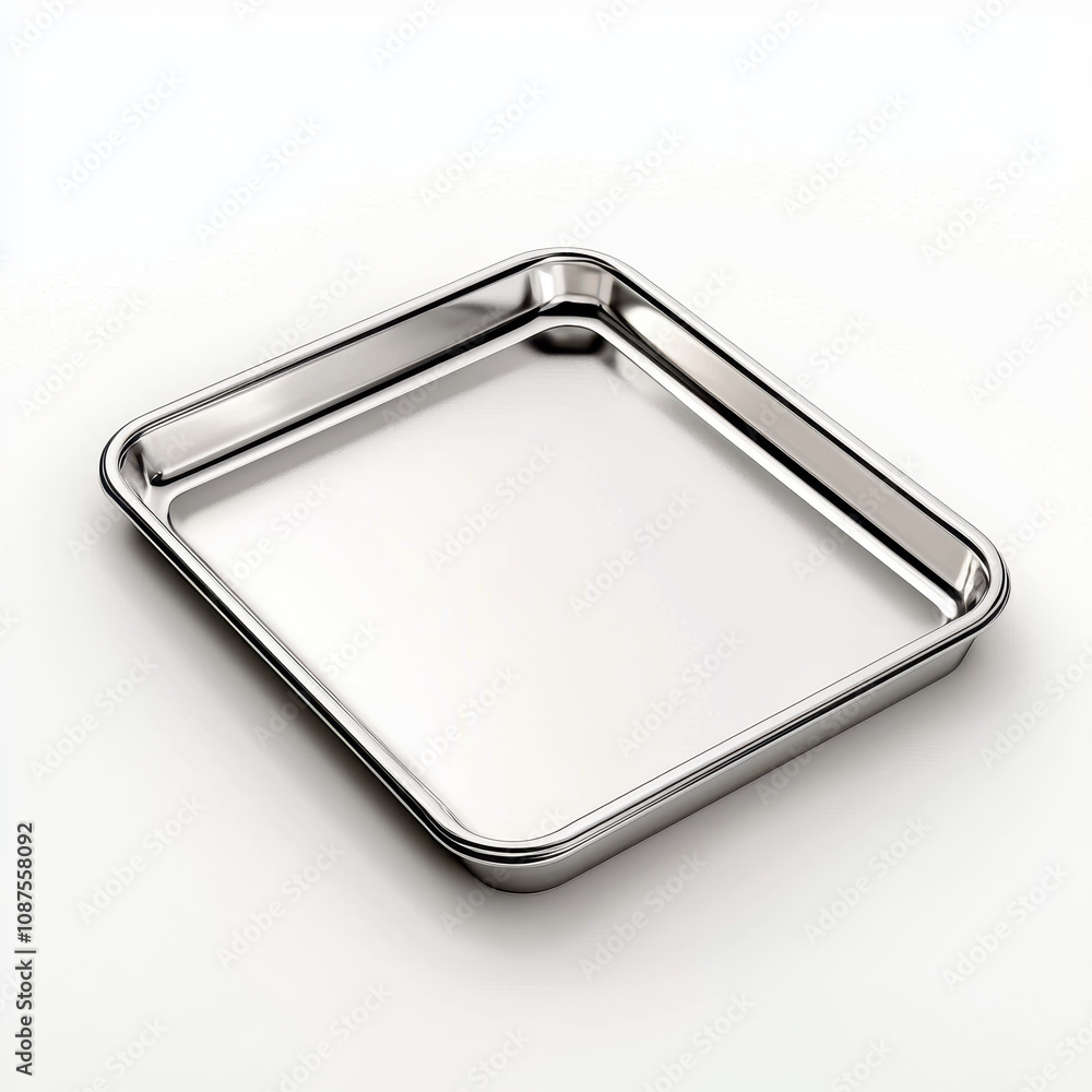 A sleek stainless steel tray, perfect for serving dishes or organizing kitchen essentials in a modern kitchen. isolated on white background. A sleek stainless steel tray, perfect for serving dishes or organizing kitchen essentials in a modern kitchen. isolated on white background.