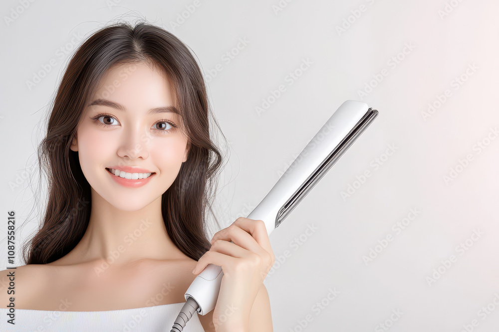 A smiling woman holds a hair straightener, showcasing beauty and confidence in a bright, modern space. A smiling woman holds a hair straightener, showcasing beauty and confidence in a bright, modern space.