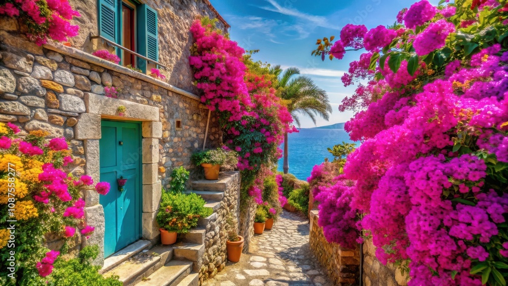 Fototapeta premium A charming stone house with a teal door, adorned with vibrant pink flowers, nestled in a quaint cobblestone alleyway overlooking the sparkling blue sea.