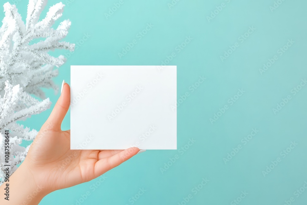 Obraz premium A hand holding a blank white card in front of frosted pine branches, set against a light blue background in a wintery theme.