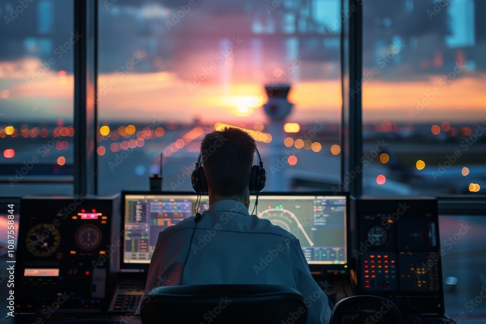 Rear view of a air traffic controller in control tower Rear view of a air traffic controller in control tower