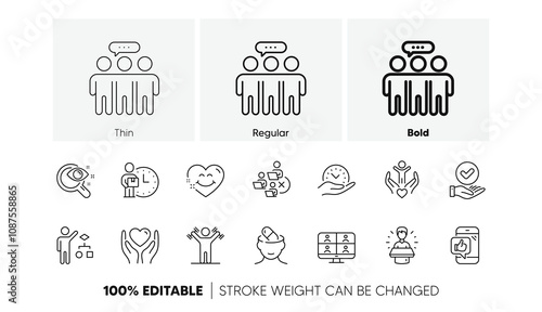 Mobile like, Video conference and Algorithm line icons. Pack of Smile face, Vision test, Approved checkbox icon. Remove team, Hold heart, Safe time pictogram. Dumbbells workout. Line icons. Vector
