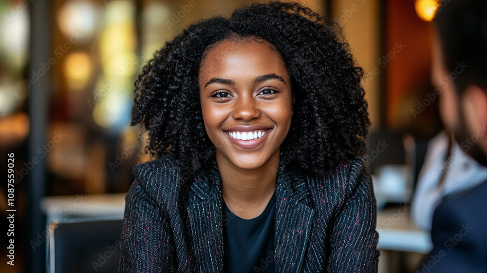 Joyful young black woman with curly hair smiling at coffee shop Joyful young black woman with curly hair smiling at coffee shop