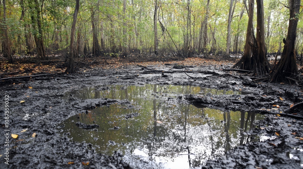A muddy, swampy area with a small pool of water reflecting the trees overhead. A muddy, swampy area with a small pool of water reflecting the trees overhead.