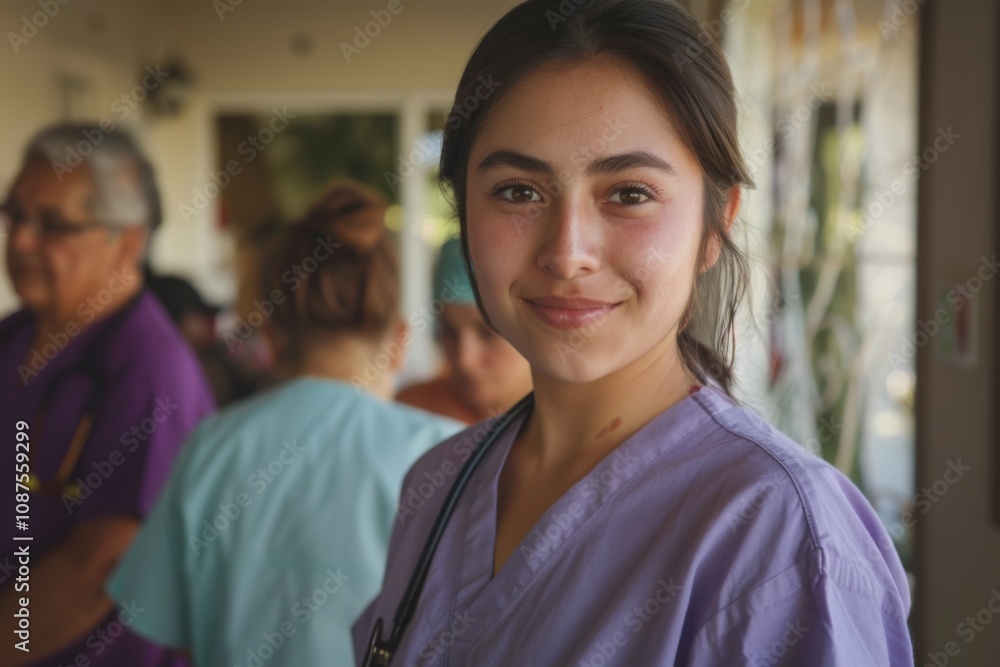 Portrait of a young Hispanic nurse wearing light purple medical scrubs Portrait of a young Hispanic nurse wearing light purple medical scrubs