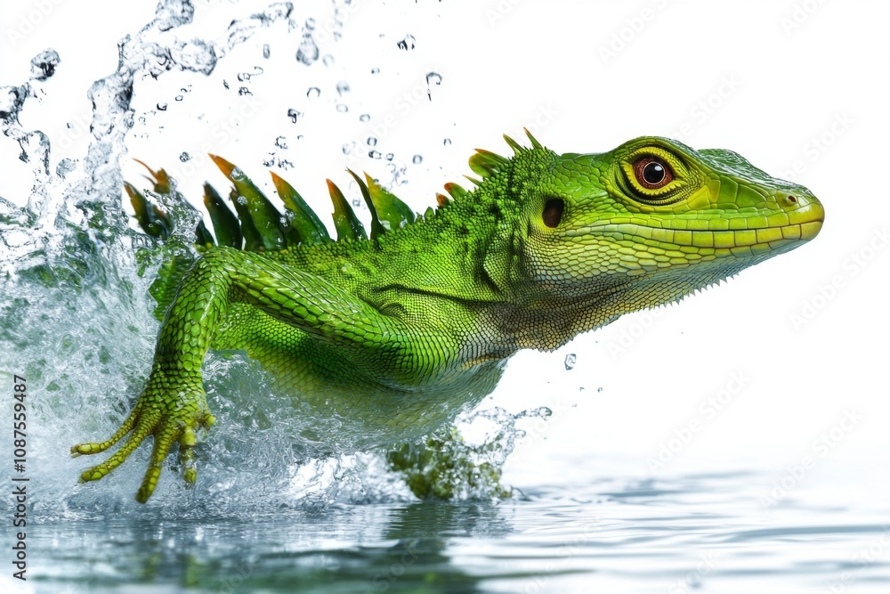 Fototapeta premium Vibrant Green Lizard Running on Water with Splashing Droplets - A Dynamic and Striking Wildlife Capture
