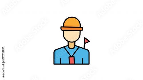 Animated tour guide with hat and lanyard holding a flag, suitable for travel, tourism, excursions, sightseeing, tours, adventure, exploration content