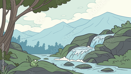 A stream of water flowing over a rocky terrain landscape. Vector illustration 
