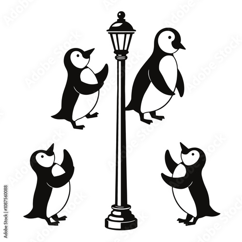 A vector silhouette-style image of four playful penguins climbing a tall, classic streetlamp