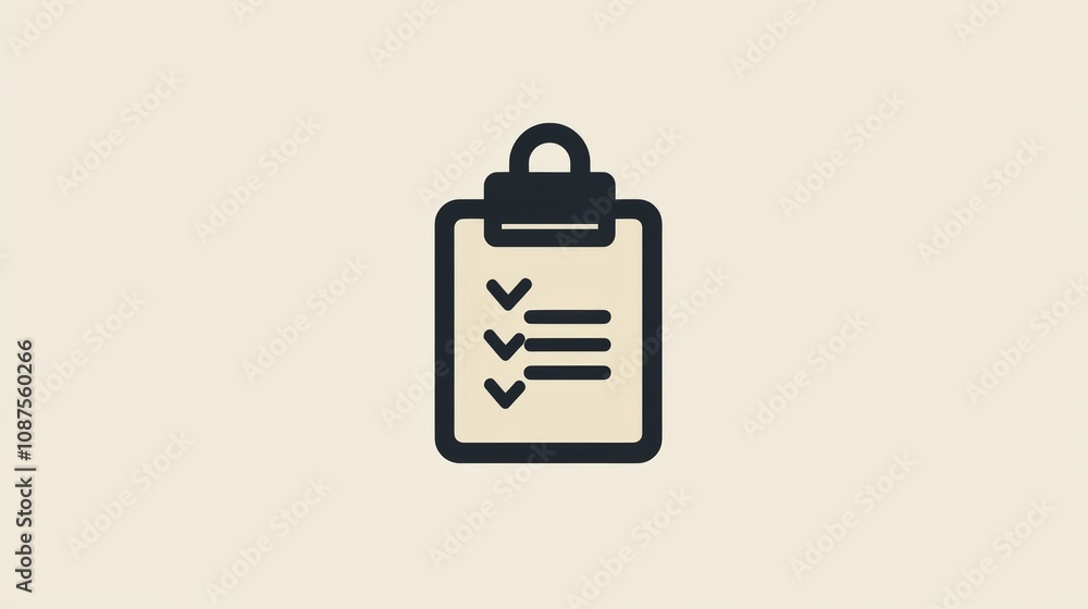 A simple black line drawing of a clipboard with a checklist, on a beige background. A simple black line drawing of a clipboard with a checklist, on a beige background.