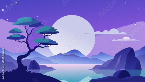 Landscape with soft purple and blue gradient sky during twilight vector illustration 