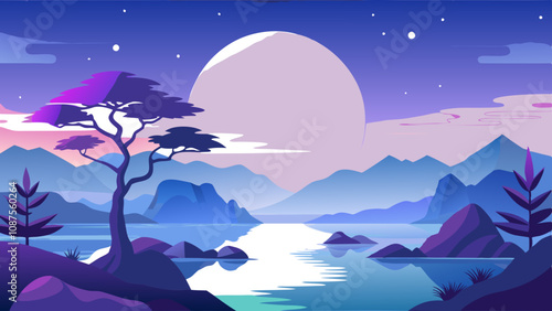 Landscape with soft purple and blue gradient sky during twilight vector illustration 