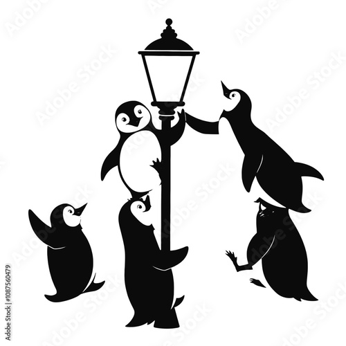 A vector silhouette-style image of four playful penguins climbing a tall, classic streetlamp