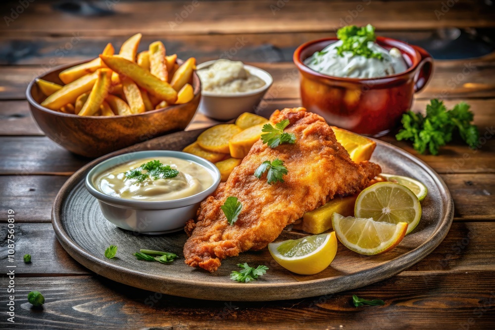 Crispy Fish and Chips on Wooden Table with Lemon and Sauce in Cozy Eatery Crispy Fish and Chips on Wooden Table with Lemon and Sauce in Cozy Eatery