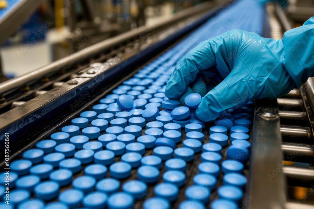 Close up of a pharmaceutical production line with gloved hands Close up of a pharmaceutical production line with gloved hands