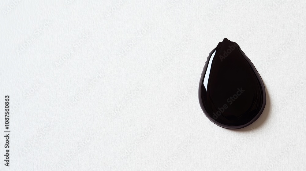 A single black drop of liquid on a white surface. A single black drop of liquid on a white surface.