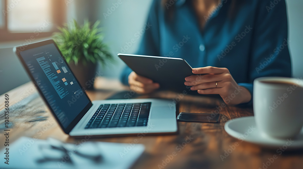 A woman is sitting at a desk with a laptop and tablet in front of her A woman is sitting at a desk with a laptop and tablet in front of her