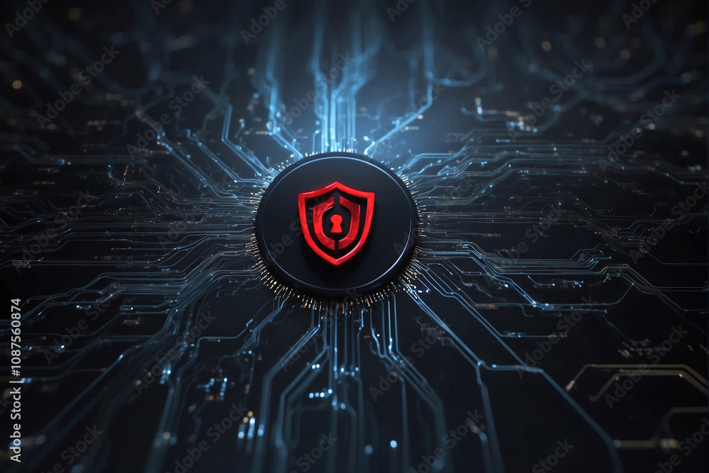 Digital security technology with a glowing shield icon at the center of ...