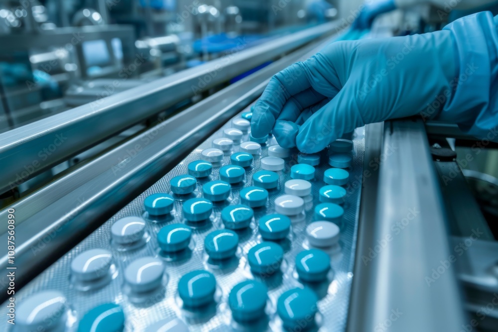 Close up of a pharmaceutical production line with gloved hands Close up of a pharmaceutical production line with gloved hands