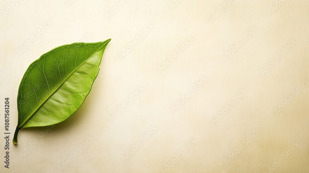 A single green leaf on a light brown background. A single green leaf on a light brown background.