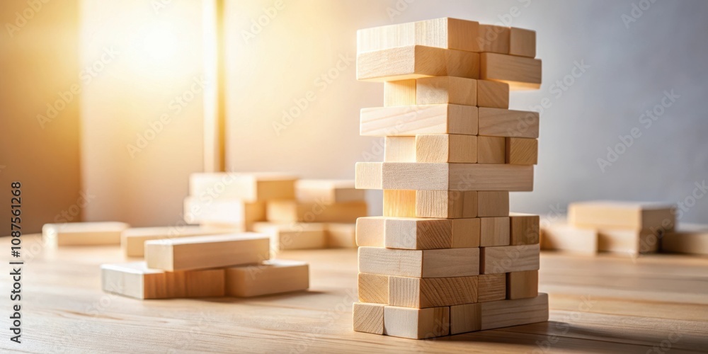 A Precariously Balanced Tower of Wooden Blocks On a Table With Soft Sunlight Streaming Through a Window A Precariously Balanced Tower of Wooden Blocks On a Table With Soft Sunlight Streaming Through a Window